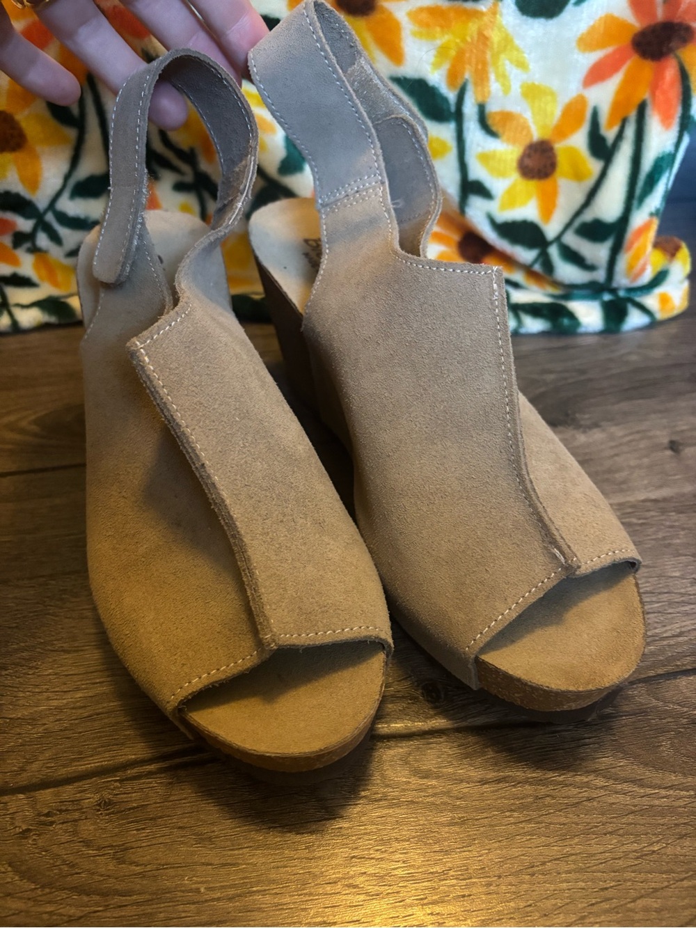 Open-Toe Suede Slingback Wedge Sandals - Taupe